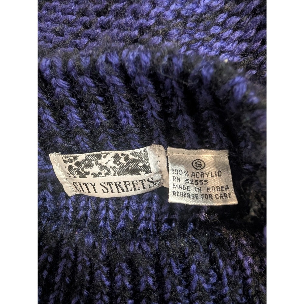 Vintage 80s City Streets Purple Aqua Black Cable Knit Sweater Small Retro Mock - Picture 7 of 8